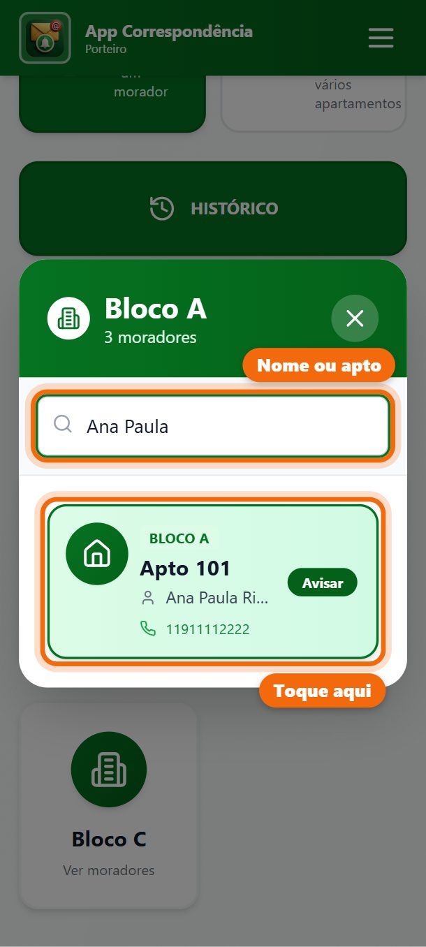 Passo 3: Digite o nome ou o apartamento para achar mais rápido. Toque em Avisar.