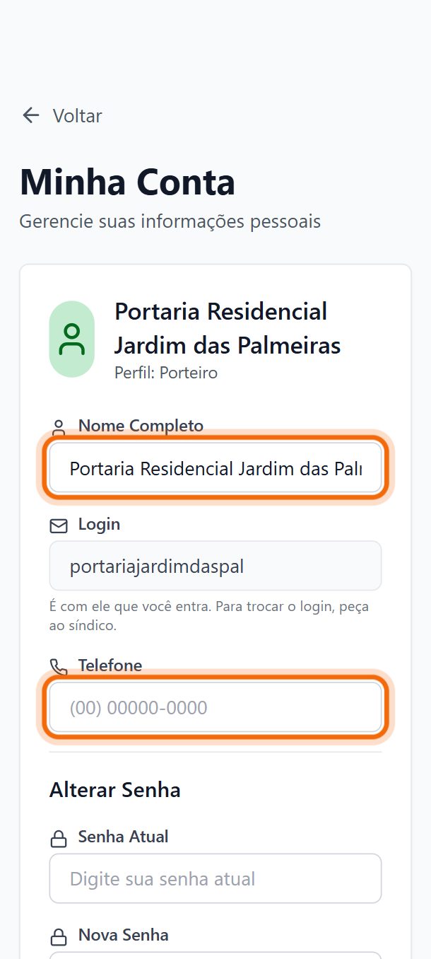 Passo 3: Troque o nome ou o telefone. O login aparece embaixo do nome; para trocar o login, peça ao síndico. Se a portaria entra com e-mail, o e-mail também se troca aqui.