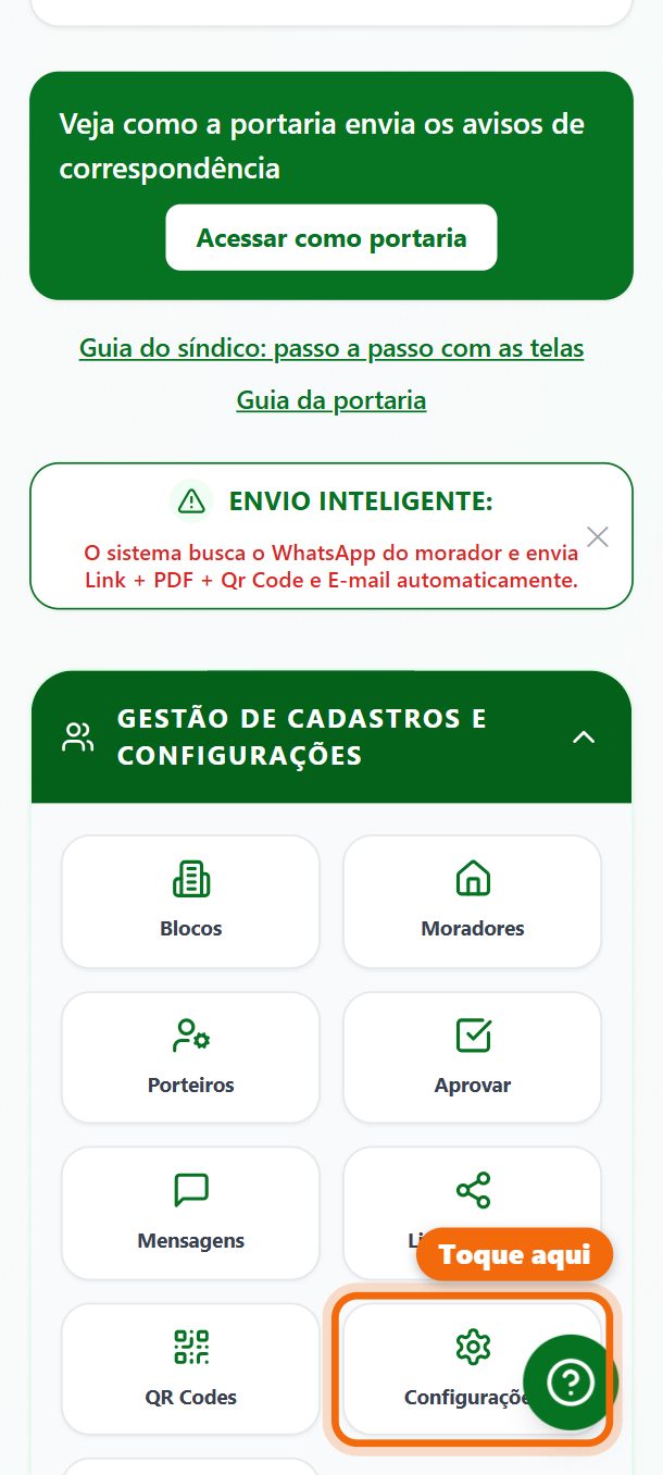 Passo 1: Em Gestão de Cadastros, toque em Configurações.