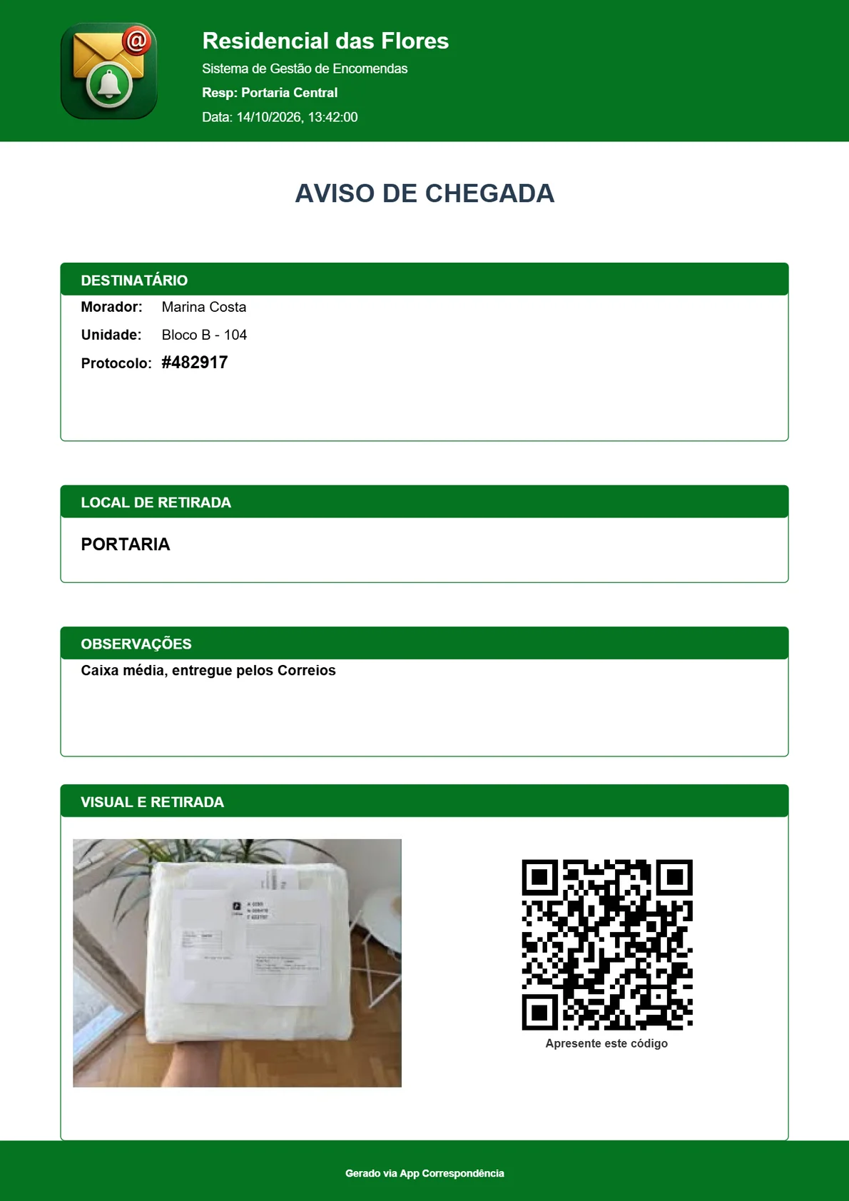 Aviso de chegada em PDF com a foto da encomenda, o protocolo e o QR Code