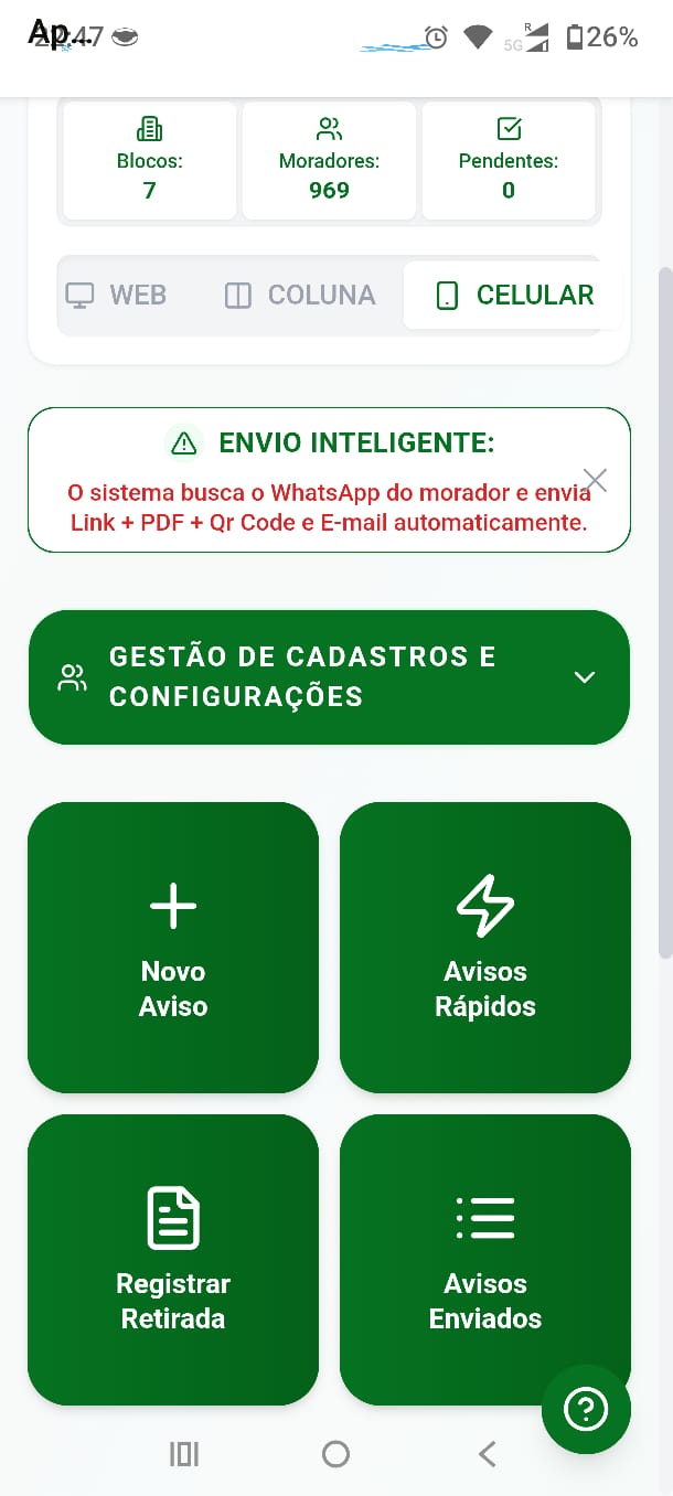 Painel com os botões Novo Aviso, Avisos Rápidos, Registrar Retirada e Avisos Enviados