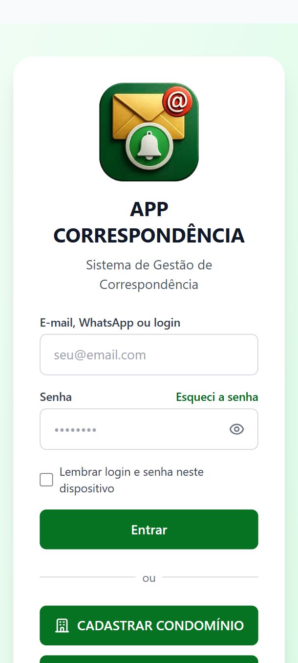 Tela inicial do Correspondência X com os campos de e-mail e senha e os botões Cadastrar Condomínio e Cadastro do Morador